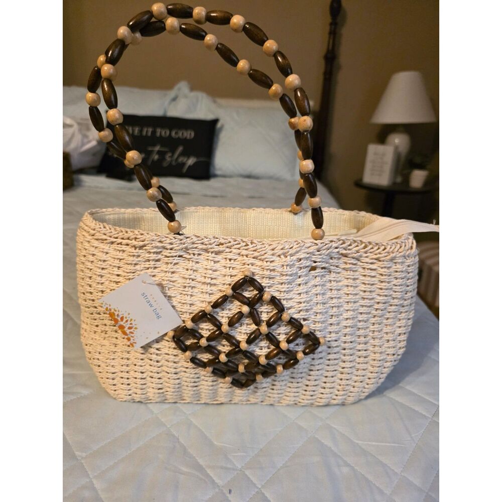Chic Woven Straw Tote with Beaded Detail